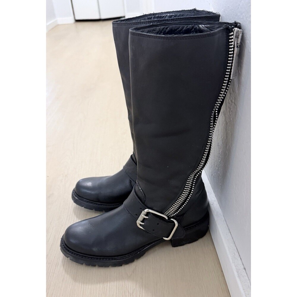 Frye Samantha Zip Tall Black Leather Moto Boots Size 7B Buckle Lug Soles - Picture 3 of 7